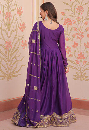 Embroidered Georgette Abaya Style Suit in Purple