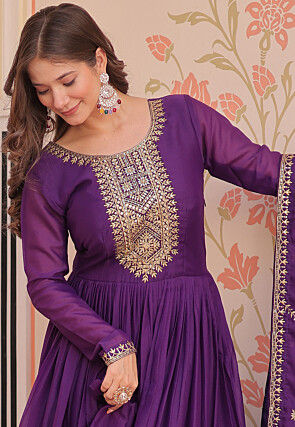 Embroidered Georgette Abaya Style Suit in Purple