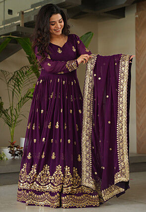 Embroidered Georgette Abaya Style Suit in Purple
