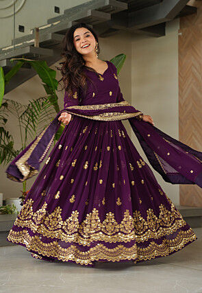 Embroidered Georgette Abaya Style Suit in Purple
