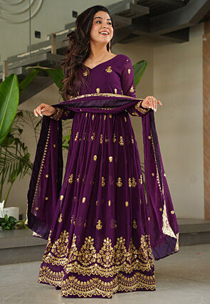 Embroidered Georgette Abaya Style Suit in Purple