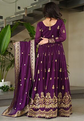 Embroidered Georgette Abaya Style Suit in Purple