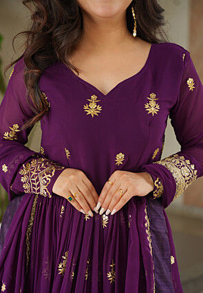 Embroidered Georgette Abaya Style Suit in Purple