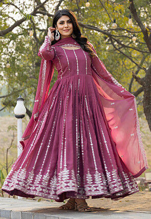 Embroidered Georgette Abaya Style Suit in Purple