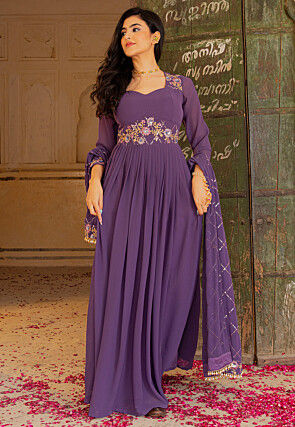 Embroidered Georgette Abaya Style Suit in Purple