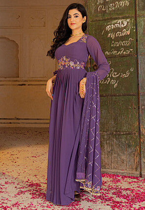 Embroidered Georgette Abaya Style Suit in Purple