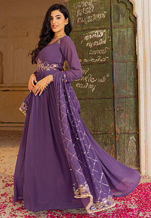 Embroidered Georgette Abaya Style Suit in Purple