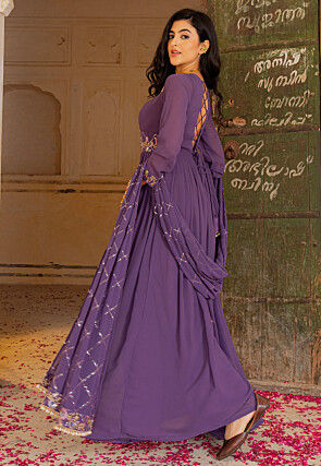 Embroidered Georgette Abaya Style Suit in Purple