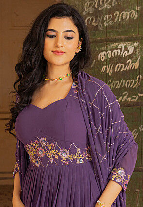 Embroidered Georgette Abaya Style Suit in Purple