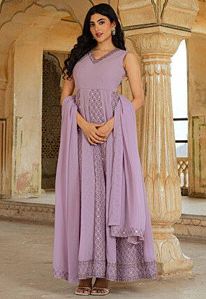 Embroidered Georgette Abaya Style Suit in Purple