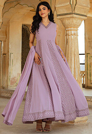 Embroidered Georgette Abaya Style Suit in Purple