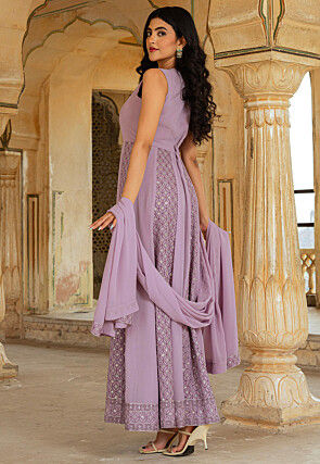Embroidered Georgette Abaya Style Suit in Purple