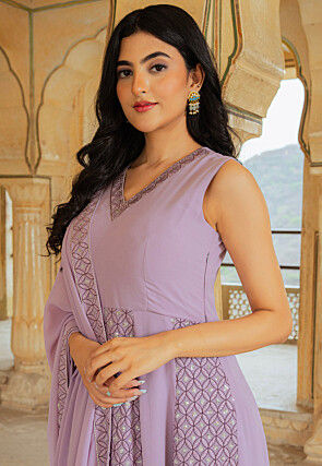 Embroidered Georgette Abaya Style Suit in Purple