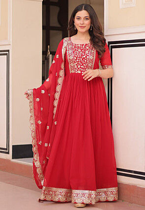 Embroidered Georgette Abaya Style Suit in Red