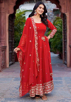 Embroidered Georgette Abaya Style Suit in Red