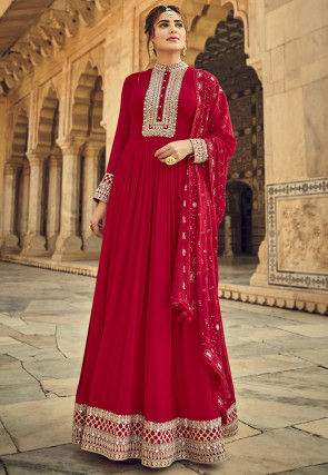 Embroidered Georgette Abaya Style Suit in Red
