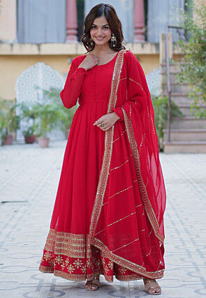 Embroidered Georgette Abaya Style Suit in Red