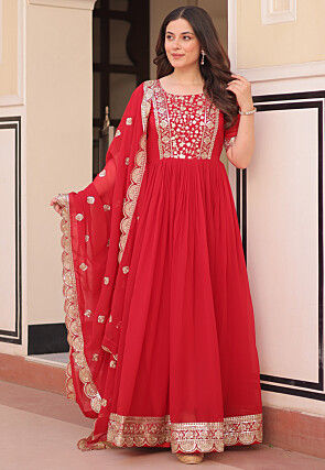 Embroidered Georgette Abaya Style Suit in Red