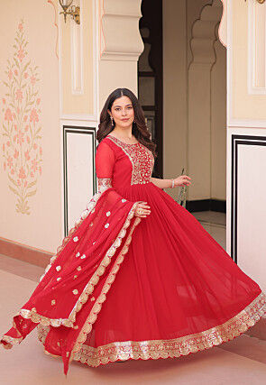 Embroidered Georgette Abaya Style Suit in Red