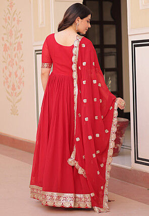 Embroidered Georgette Abaya Style Suit in Red
