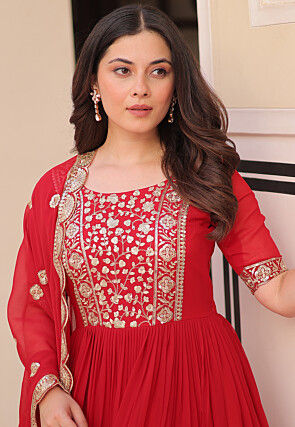 Embroidered Georgette Abaya Style Suit in Red