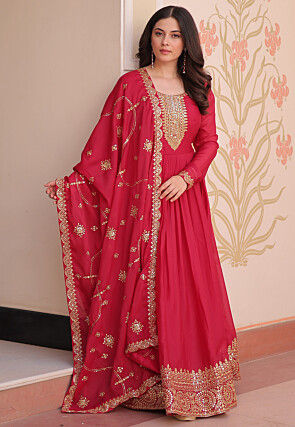 Embroidered Georgette Abaya Style Suit in Red