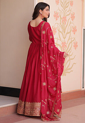 Embroidered Georgette Abaya Style Suit in Red