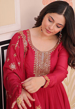 Embroidered Georgette Abaya Style Suit in Red
