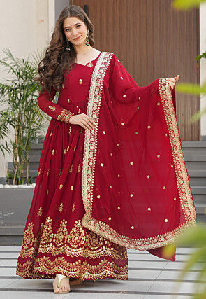 Embroidered Georgette Abaya Style Suit in Red