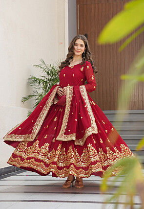 Embroidered Georgette Abaya Style Suit in Red
