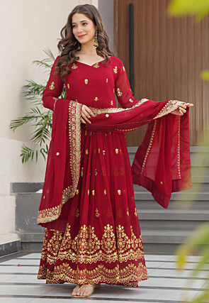 Embroidered Georgette Abaya Style Suit in Red