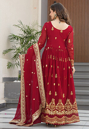 Embroidered Georgette Abaya Style Suit in Red