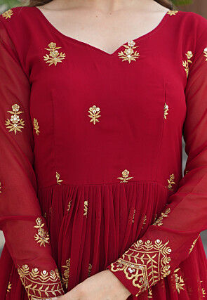 Embroidered Georgette Abaya Style Suit in Red