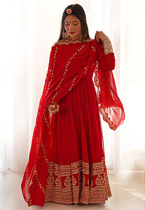 Embroidered Georgette Abaya Style Suit in Red