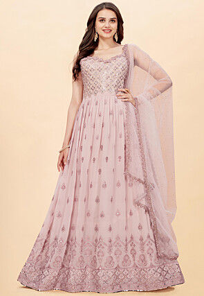 Embroidered Georgette Abaya Style Suit in Rose Pink
