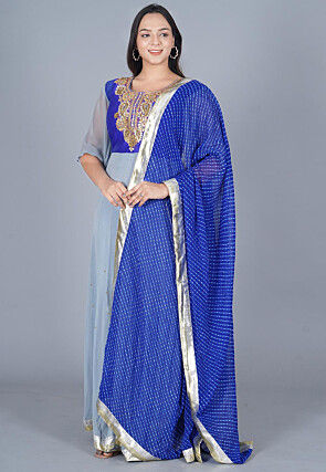 Embroidered Georgette Abaya Style Suit in Royal Blue and Grey