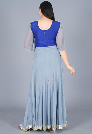 Embroidered Georgette Abaya Style Suit in Royal Blue and Grey