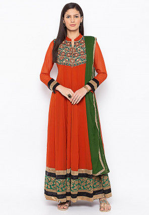 Embroidered Georgette Abaya Style Suit in Rust