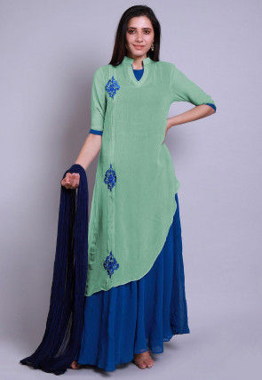 Embroidered Georgette Abaya Style Suit in Sea Green and Teal Blue