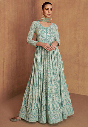 Embroidered Georgette Abaya Style Suit in Sea Green