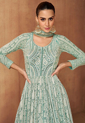 Embroidered Georgette Abaya Style Suit in Sea Green