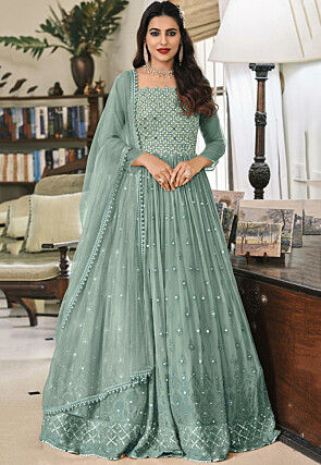 Embroidered Georgette Abaya Style Suit in Sea Green