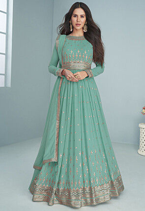 Embroidered Georgette Abaya Style Suit in Sea Green