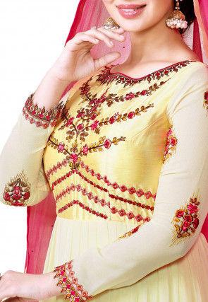 Embroidered Georgette Abaya Style Suit in Shaded Cream and Yellow