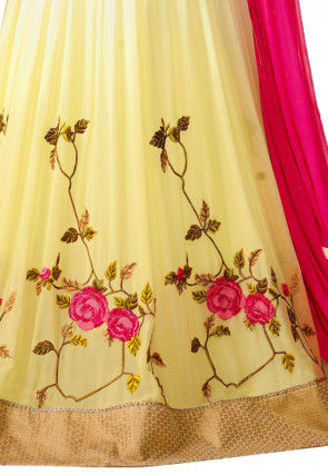 Embroidered Georgette Abaya Style Suit in Shaded Cream and Yellow