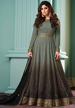 Embroidered Georgette Abaya Style Suit in Shaded Dusty Green and Black
