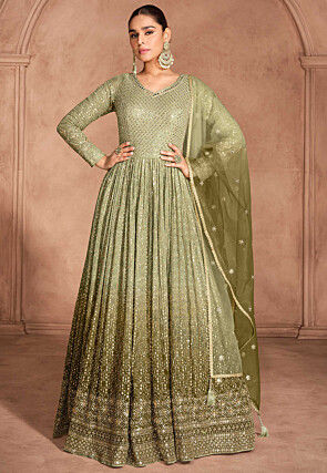 Embroidered Georgette Abaya Style Suit in Shaded Dusty Green
