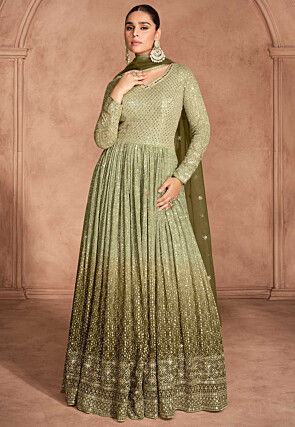 Embroidered Georgette Abaya Style Suit in Shaded Dusty Green