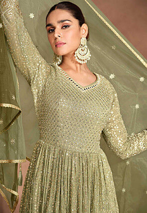 Embroidered Georgette Abaya Style Suit in Shaded Dusty Green