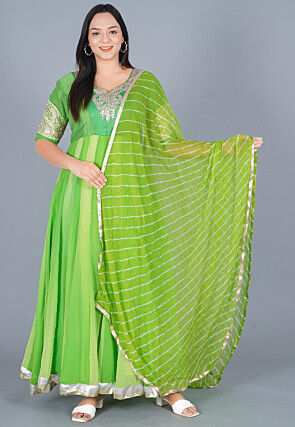 Embroidered Georgette Abaya Style Suit in Shaded Green